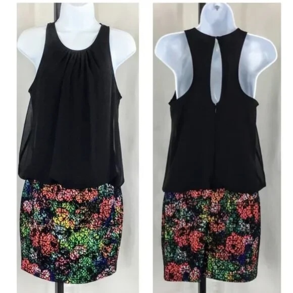 Aidan Mattox Dresses & Skirts - Aidan Mattox Mini Dress Chiffon Blouson Sheath Dress Black Floral Skirt Sz 2